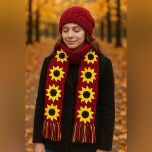 Handmade crocheted Beret style beanie hat sunflower granny square scarf …